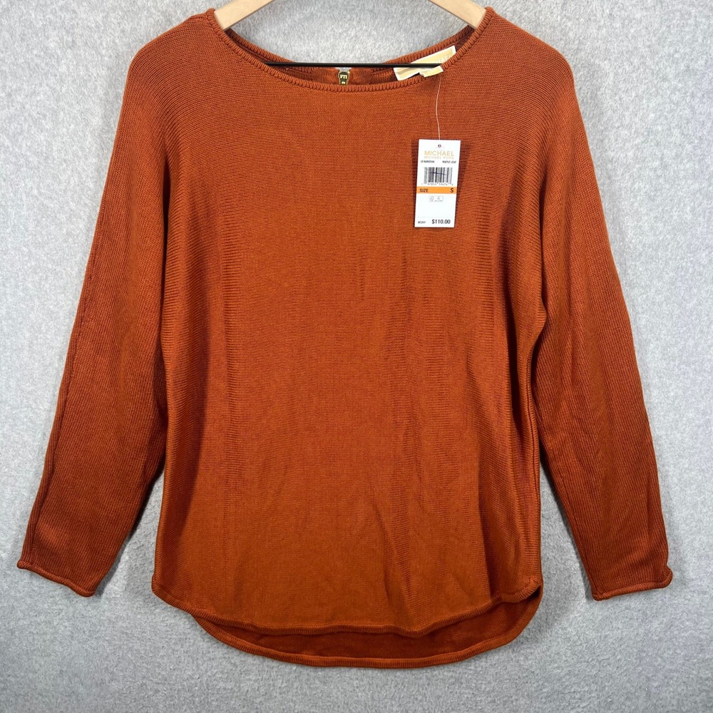 Michael Kors Sweater Womens Small Orange Back Zip Maple Leaf Ribbed Pullover NWT